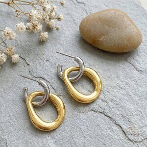 18K Gold Plated Two Tone Stainless Steel Convertible Hoop Earrings Modern 2in1